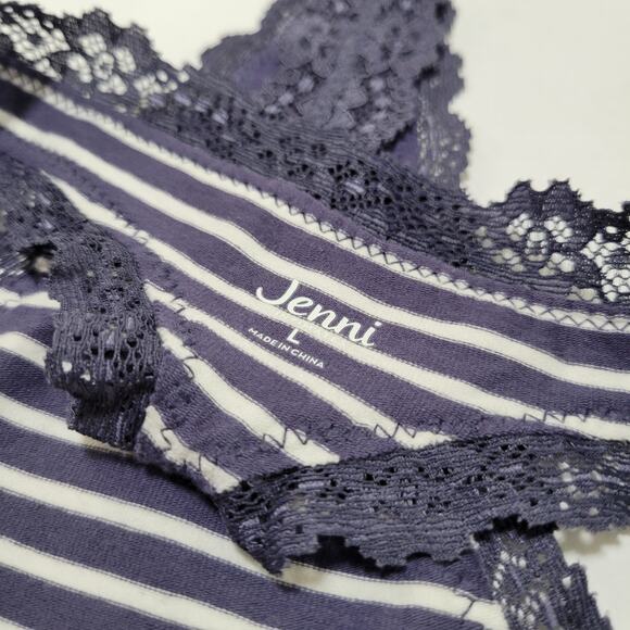 Jenni Women's Lace-Trim Thong Panties Nairobi Stripe Navy NWT Size Large - Picture 7 of 7